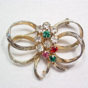 12 KT GF Van Lou Rhinestone Ribbon Pin