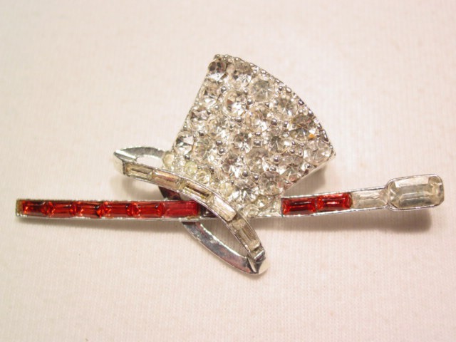 Red and Clear Rhinestone Top Hat and Cane Pin