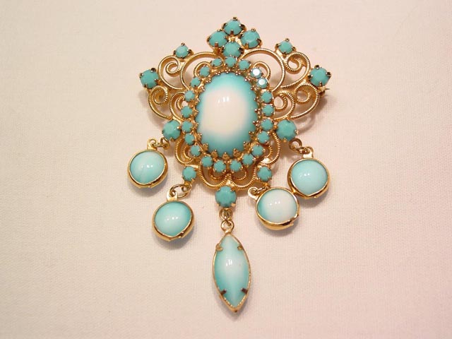 Opaque Blue and White Filigree Goldtone Pin
