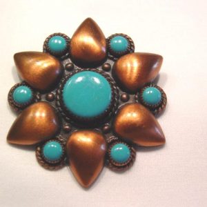 Copper and Imitation Turquoise Flower Pin by Copper Bell
