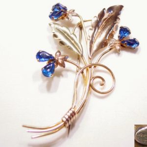 Beautiful Blue Rhinestone Sterling and Gold-Filled Floral Van Dell Pin