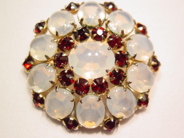 Round Moonstone and Dark Red Rhinestone Pin