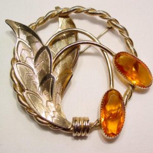 Topaz Rhinestone Wreath and Leaf Pin