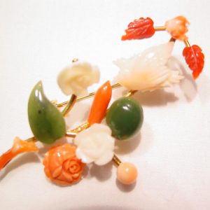 Bird in Branch Coral, Jade, and Mother of Pearl Pin