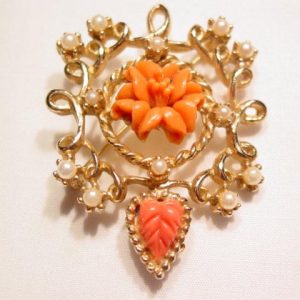 Imitation Coral and Pearl Filigree Pin