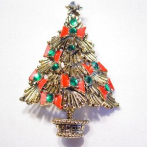 Pakula Christmas Trees with Red Enamel Bows Pin