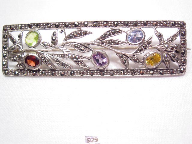 Beautiful Colored Stone and Marcasite Sterling Bar Pin