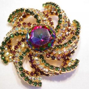 Fantastic Watermelon, Olive, Aurora Borealis, and Purple Rhinestone Spiral Pin