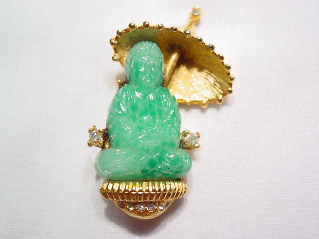 Green Glass Buddah Under an Umbrella Pin