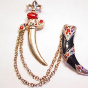 Black Enamel and Rhinestone Sword and Scabbard Sweater Pins