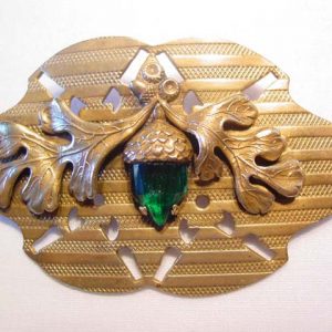 Old Brass and Green Rhinestone Acorn Sash Pin