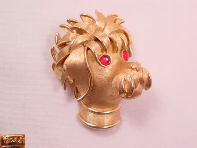 Trifari Shaggy Dog with Magenta Eyes Pin