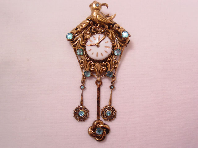 Czechoslovakian Cuckoo Clock with Aqua Rhinestones Pin