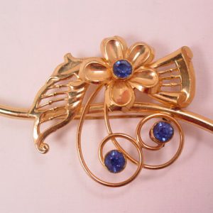 Harry Iskin 1/20-12K G.F. Floral and Blue Rhinestone Pin/Pendant