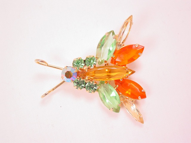 Orange and Green Rhinestone Bug Pin