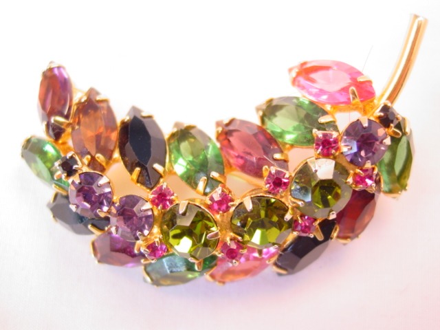 Purple, Olive and Pink Rhinestone Leaf Pin