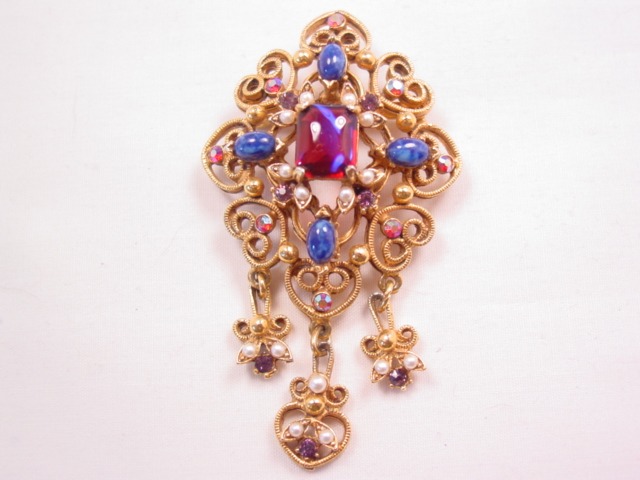 Fancy Blue, Red and Purple Filigree Florenza Pin