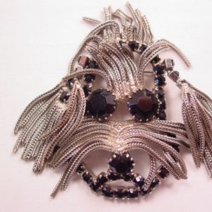 Silvertone and Black Rhinestone Shaggy Dog Pin/Pendant
