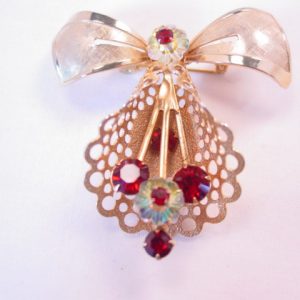 Red and Aurora Borealis Rhinestone Lacy Flower and Bow Pin