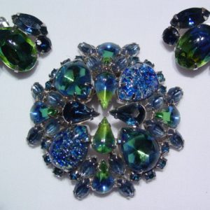 Beautiful Blue and Green Art Glass Pin and Earrings Set