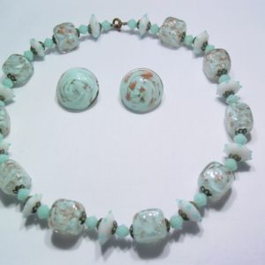 1930s-1940s Baby Blue and Gold Fleck Necklace and Earrings