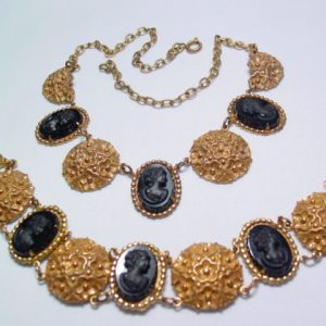 Beautiful Black Victorian Cameo Necklace and Bracelet Set