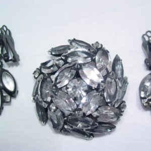Stunning Clear Rhinestone and Japanned Pin and Earrings Set