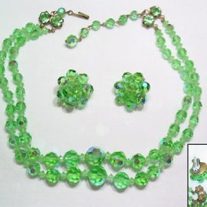 Bright Green Aurora Borealis Necklace and Earrings Set