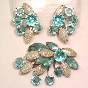 Aqua and Pearl Pin and Earrings Set