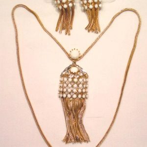 White Milk Glass Fringed Necklace and Earrings Set