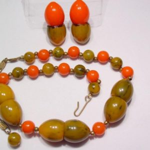 Orange and Olive Bakelite Necklace and Earrings Set