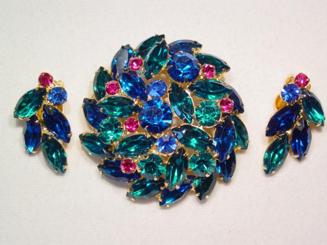 Vibrant Green, Blue and Magenta Pin and Earrings Set