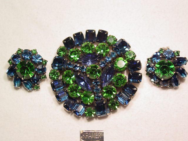 Navy and Emerald Green Kramer Pin and Earrings Set
