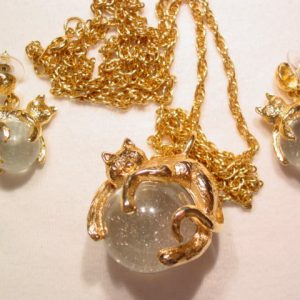 Crystal Ball Cat Necklace and Earrings