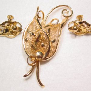 Mesh Leaves Bond Boyd Sterling Pin and Earrings Set