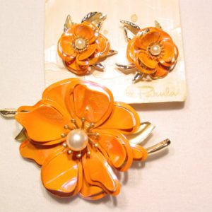 Iridescent Orange Floral Pin and Earrings Set by Pakula