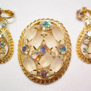 Frosted and Aurora Borealis Rhinestone Pin and Earrings Set