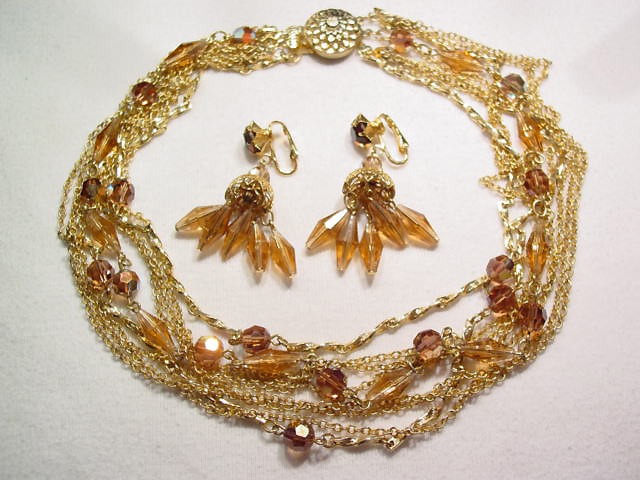 Smoky Topaz Colored Aurora Borealis Necklace and Earrings Set