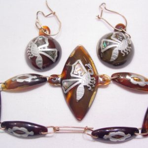 Spectacular Inlaid Tortoise Shell Honey Bee Bracelet and Earrings Set
