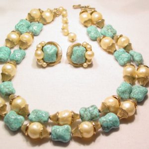 Trifari Imitation Pearls and Turquoise Necklace and Earrings Set