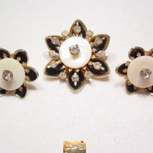 Coro Black Enamel Flower and Goldtone Pin and Earrings Set