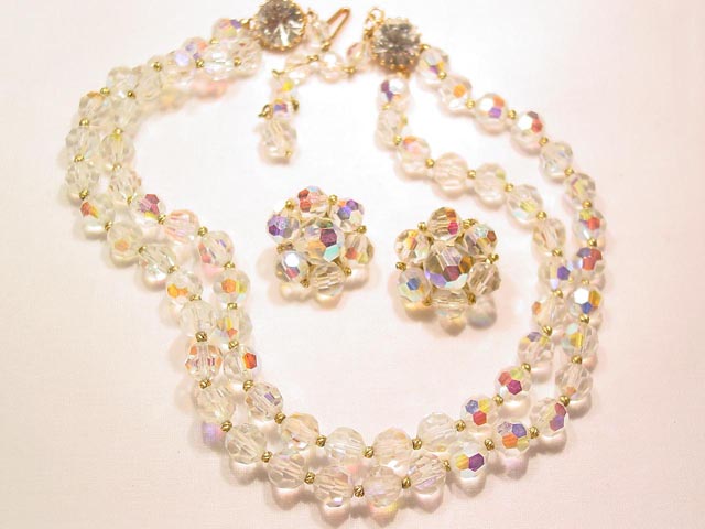 Dazzling Double-Strand Aurora Borealis Necklace and Earrings Set