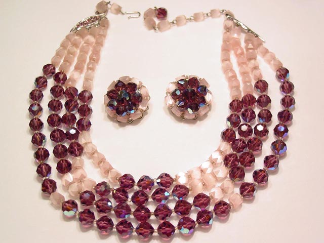 Fantastic Purple Aurora Borealis and Pink Satin Glass Necklace and Earrings Set