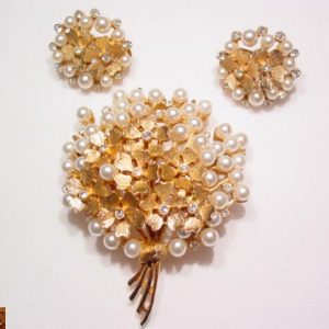 B.S.K. Pearl and Rhinestone Flower Bouquet Pin and Earrings Set