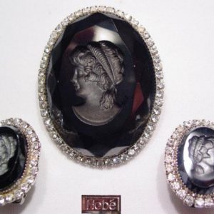 Beautiful Black and Rhinestone Hobe Intaglio Cameo Set