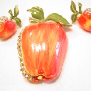 Rhinestone and Enamel Apple Fur Clip and Earrings