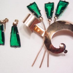 Sterling and Green Trapezoid Flower Pin and Earrings Set