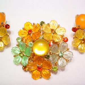 Orange, Yellow, and Green Spring Floral Pin and Earrings Set