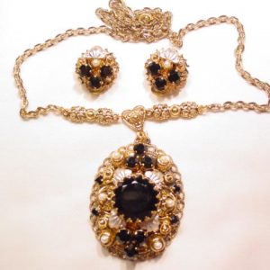 Black and Imitation Pearl West Germany Necklace and Earrings