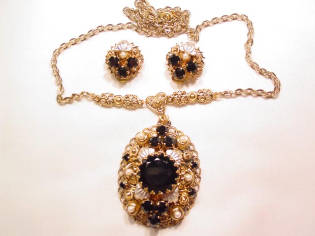Black and Imitation Pearl West Germany Necklace and Earrings